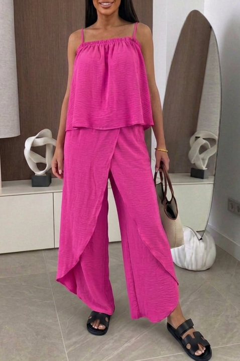 Ефирен дамски комплект топ и широк панталон с прехвърляне MALENTA FUCHSIA, Цвят: фуксия, IVET.BG - Твоят онлайн бутик.