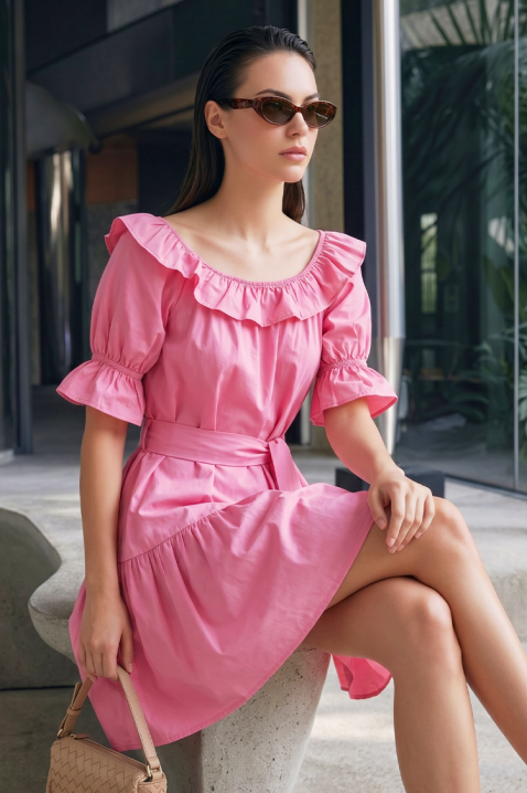 Романтична къса рокля с волани и колан AMARISIA PINK, Цвят: розов, IVET.BG - Твоят онлайн бутик.