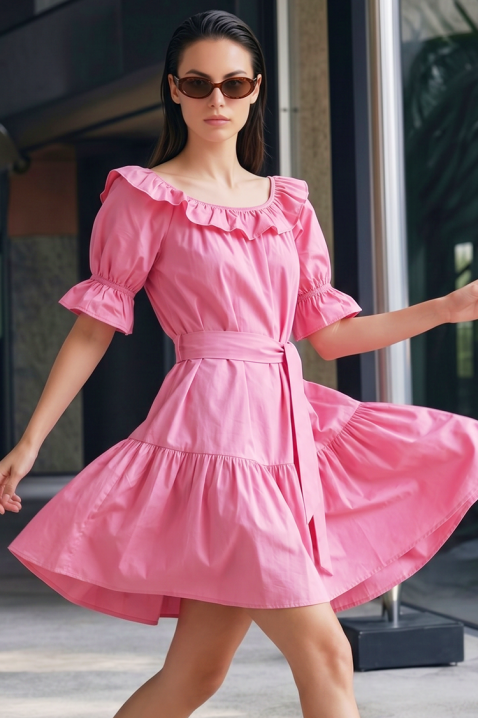 Романтична къса рокля с волани и колан AMARISIA PINK, Цвят: розов, IVET.BG - Твоят онлайн бутик.