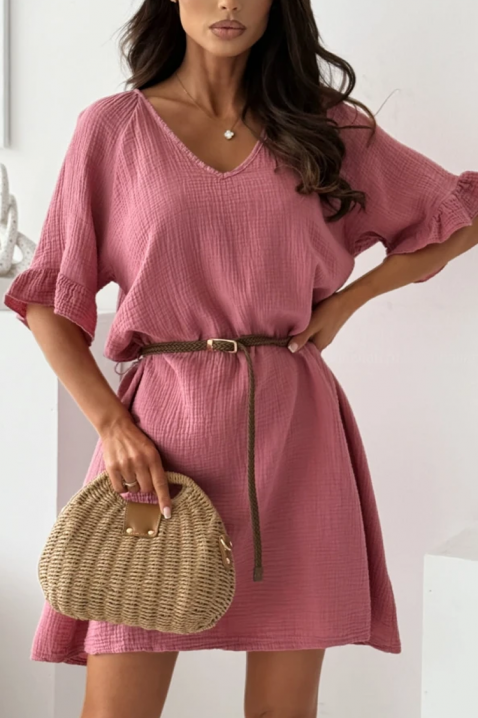 Ефирна памучна къса рокля с колан AMELINTA PINK, Цвят: розов, IVET.BG - Твоят онлайн бутик.