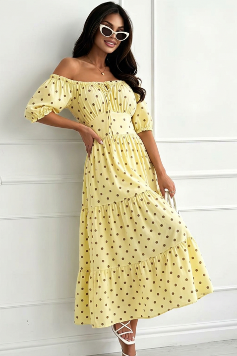 Eфирна миди рокля на фини точки с открити рамене MARSYLIA YELLOW, Цвят: жълт, IVET.BG - Твоят онлайн бутик.