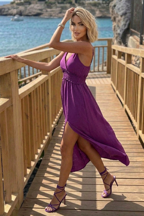 Лятна миди рокля с тънки презрамки и еластична талия TIMINA PURPLE, Цвят: лилав, IVET.BG - Твоят онлайн бутик.