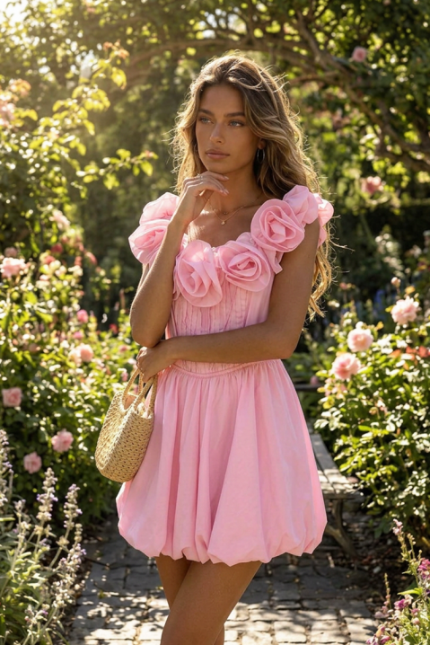 Кокетна къса рокля тип балон с декоративни цветя ROZINA PINK, Цвят: розов, IVET.BG - Твоят онлайн бутик.