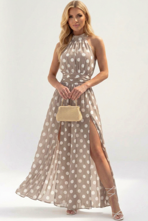 Дълга ефирна рокля на точки с американско деколте TENESIANA BEIGE, Цвят: беж, IVET.BG - Твоят онлайн бутик.
