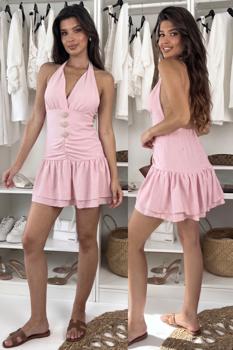 Дамски къс гащеризон с V-образно деколте и декоративни копчета MIRCELA PINK, Цвят: розов, IVET.BG - Твоят онлайн бутик.