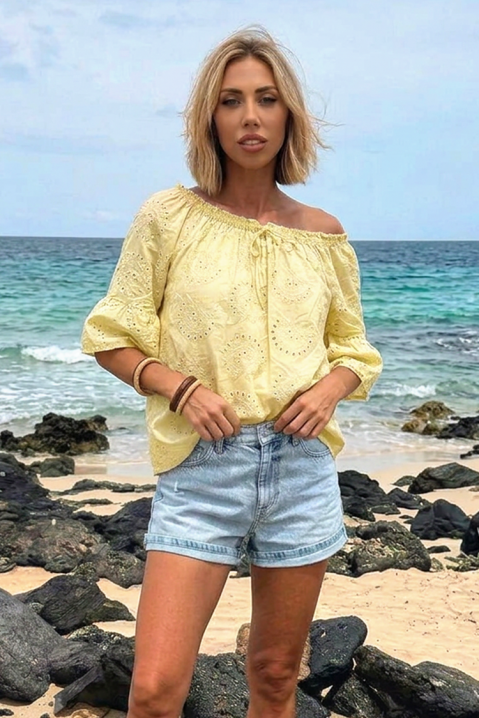 Дамска блуза с голи рамене в бохо стил LATENA YELLOW, Цвят: жълт, IVET.BG - Твоят онлайн бутик.