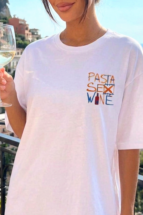 Дамска тениска със свободен силует и принт pasta sex wine BELVITA, Цвят: бял, IVET.BG - Твоят онлайн бутик.