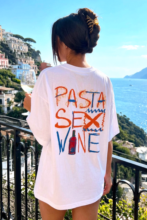 Дамска тениска със свободен силует и принт pasta sex wine BELVITA, Цвят: бял, IVET.BG - Твоят онлайн бутик.