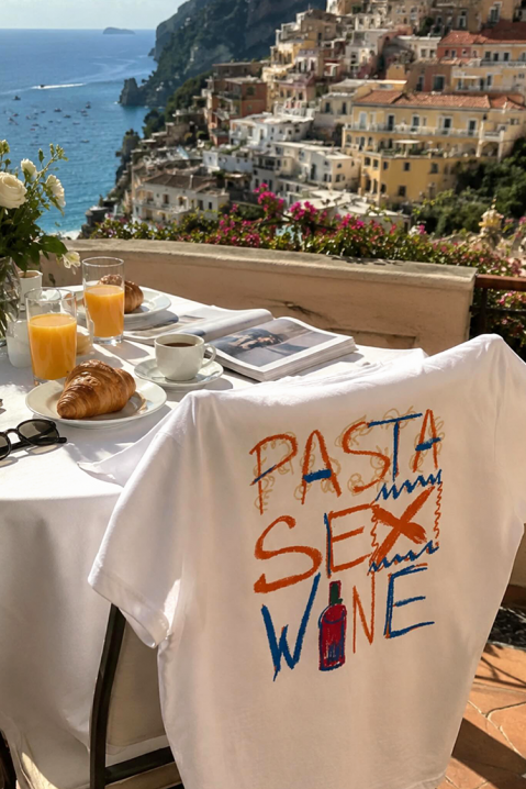 Дамска тениска със свободен силует и принт pasta sex wine BELVITA, Цвят: бял, IVET.BG - Твоят онлайн бутик.