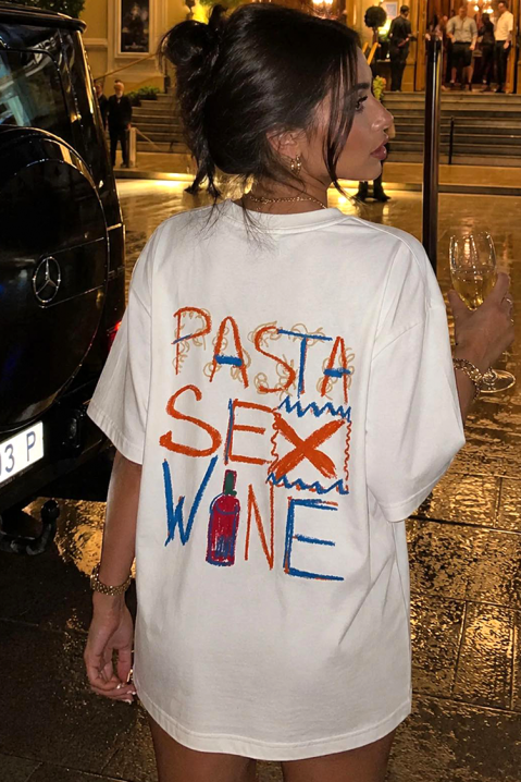 Дамска тениска със свободен силует и принт pasta sex wine BELVITA, Цвят: бял, IVET.BG - Твоят онлайн бутик.