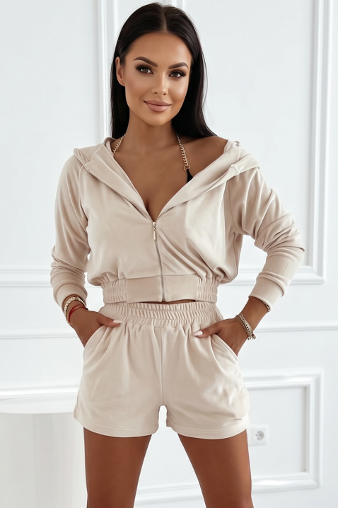 Спортен дамски комплект с къс суитчър и къси панталони VELURA BEIGE, Цвят: беж, IVET.BG - Твоят онлайн бутик.