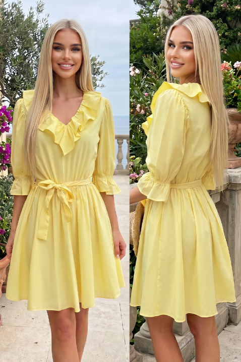 Разкроена къса лятна рокля с волани и колан DENINZA YELLOW, Цвят: жълт, IVET.BG - Твоят онлайн бутик.