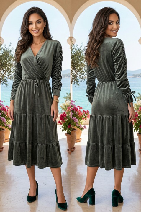 Кадифена миди рокля с V-образно деколте и набрани дълги ръкави VASILENSA DARK GREEN, Цвят: тъмнозелен, IVET.BG - Твоят онлайн бутик.