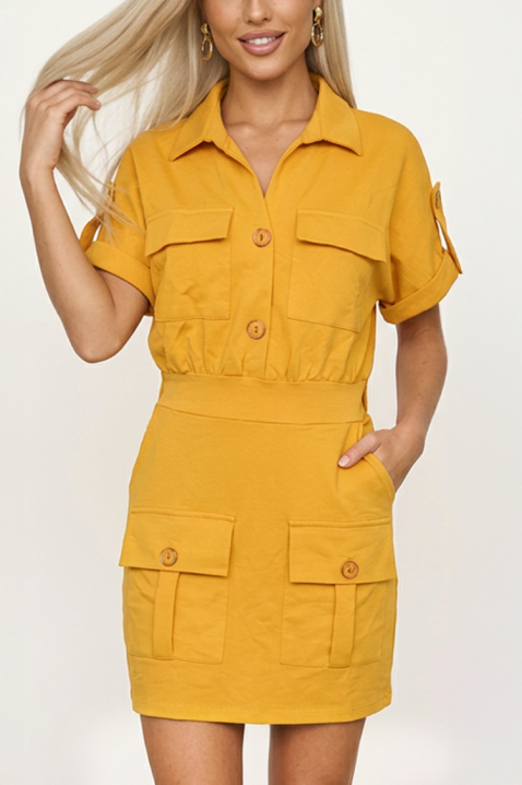 Атрактивен дамски къс гащеризон с яка и ефектни джобове AUREVINA YELLOW, Цвят: жълт, IVET.BG - Твоят онлайн бутик.