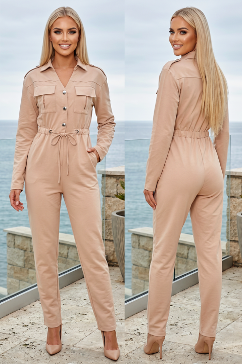 Стилен гащеризон с дълги ръкави и пристягане в талията SKARLET BEIGE, Цвят: беж, IVET.BG - Твоят онлайн бутик.