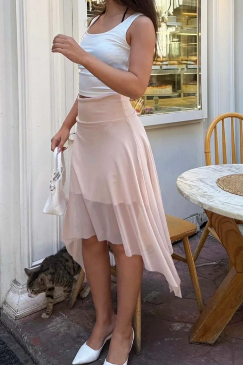 Ефирна пола с модерен асиметричен дизайн JOLENE PUDRA, Цвят: пудра, IVET.BG - Твоят онлайн бутик.