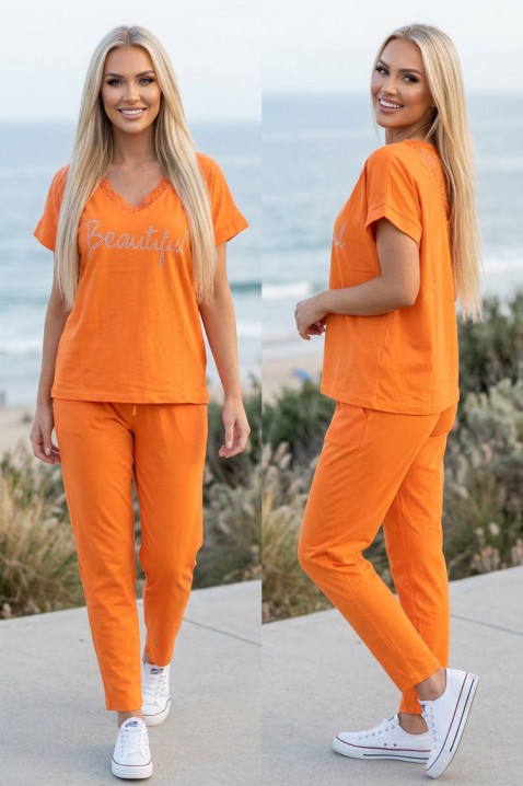 Дамски комплект с блуза с дантелено V-образно деколте и панталон SOLARENIA ORANGE, Цвят: оранжев, IVET.BG - Твоят онлайн бутик.