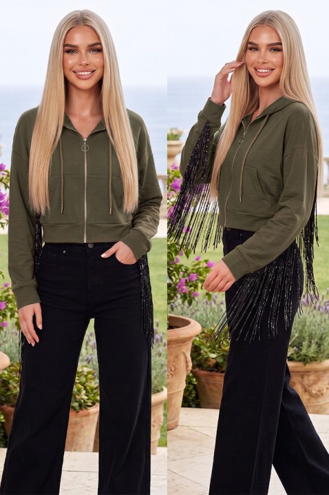 Дамски къс суитшърт с качулка и дълги ресни RAVELINSA KHAKI, Цвят: каки, IVET.BG - Твоят онлайн бутик.