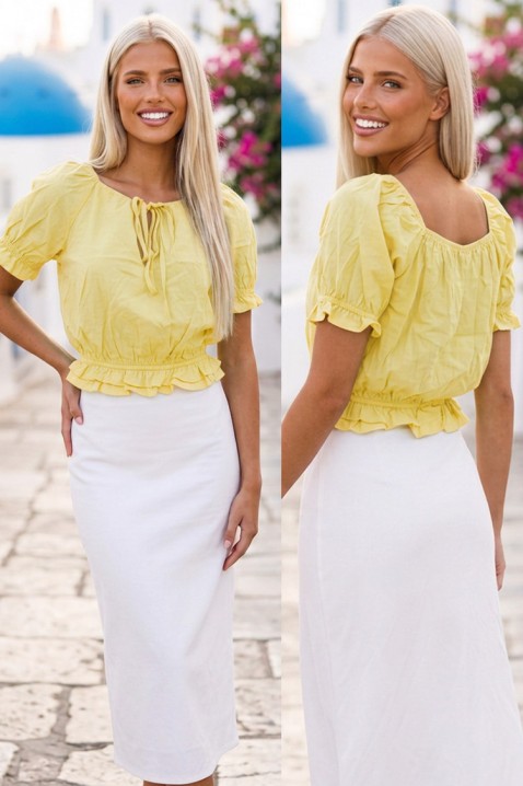 Дамска къса блуза с връзки и буфан ръкави ELVIRANA YELLOW, Цвят: жълт, IVET.BG - Твоят онлайн бутик.