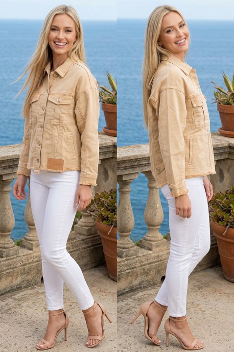 Късо дънково яке със свободна кройка и джобове SABRIELA BEIGE, Цвят: беж, IVET.BG - Твоят онлайн бутик.