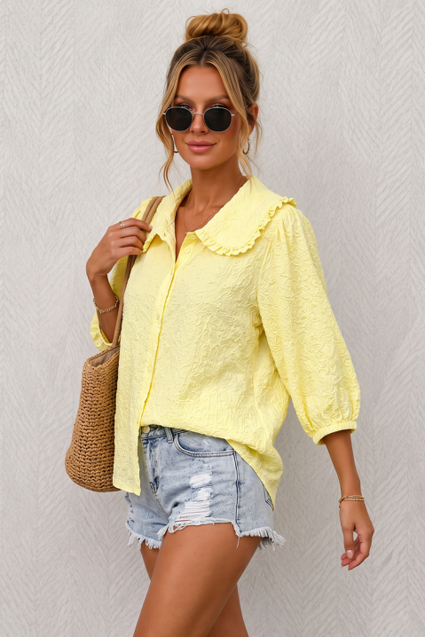 Нежна дамска риза с ефектна релефна текстура и широка романтична яка CERAVIELA YELLOW, Цвят: жълт, IVET.BG - Твоят онлайн бутик.