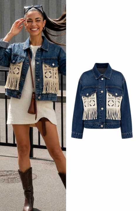 Модерно дамско дънково яке с декоративни елементи и ресни ABERTINA BLUE, Цвят: деним, IVET.BG - Твоят онлайн бутик.