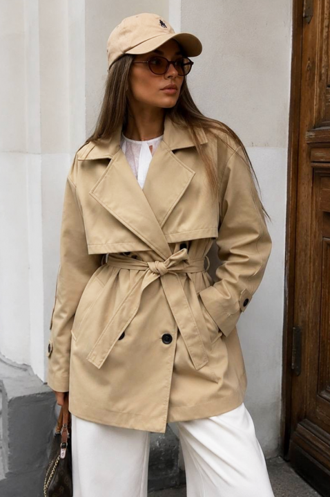 Дамски тренчкот с колан и двуредно закопчаване EMALIANA BEIGE, Цвят: беж, IVET.BG - Твоят онлайн бутик.