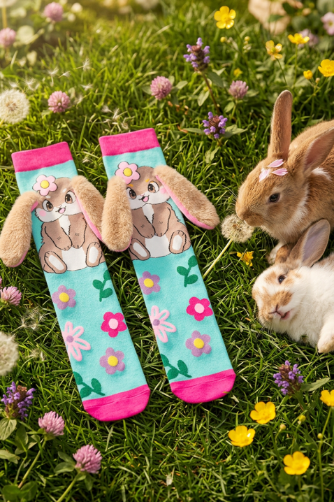 Детски чорапки с 3D принт зайче и меки ушички AQUA BUNNY, Цвят: светлосин, IVET.BG - Твоят онлайн бутик.