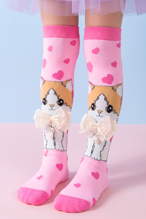 Детски чорапки с 3D принт котенце с мека панделка KITTY LOVE, Цвят: розов, IVET.BG - Твоят онлайн бутик.