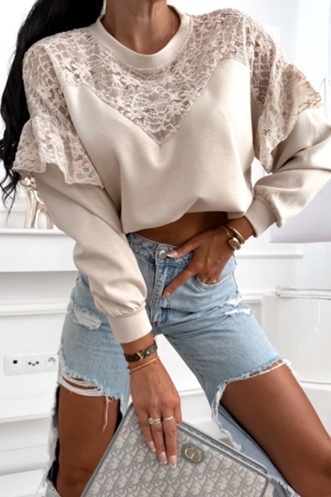 Дамска блуза с дантела и ефектни ръкави ELARIETA BEIGE, Цвят: беж, IVET.BG - Твоят онлайн бутик.
