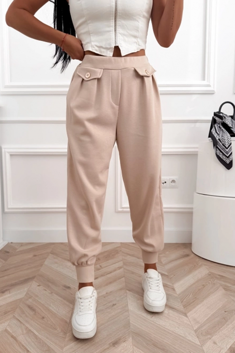 Спортно-елегантен панталон с висока талия и еластични маншети AMARIATA BEIGE, Цвят: беж, IVET.BG - Твоят онлайн бутик.