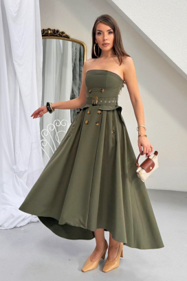 елегантна дълга асиметрична рокля с корсетен ефект FLORENTIA KHAKI