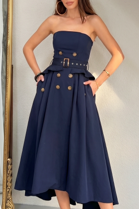 елегантна дълга асиметрична рокля с корсетен ефект FLORENTIA NAVY