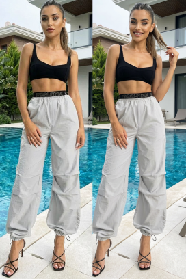 дамски спортно-елегантен панталон с висока талия и ластичен колан SOLVETA GREY