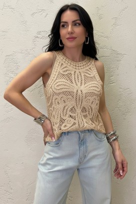 ажурен топ без ръкави с флорална плетка в бохо стил VAMZERA BEIGE