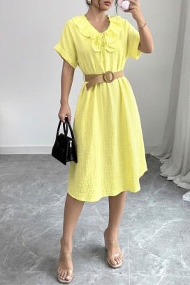 ефирна миди рокля с волани и ефектна яка VIREMORA YELLOW