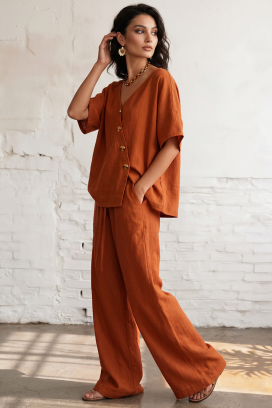 ленен комплект с асиметричен топ и широк панталон SELENE ORANGE