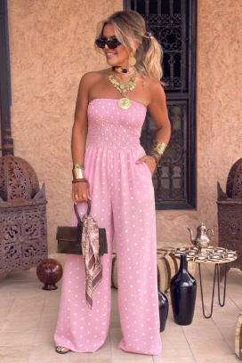 дълъг дамски гащеризон с голи рамене на точки DATENA PINK