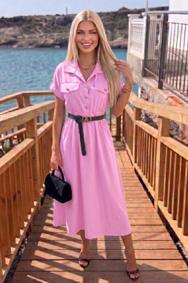 лятна миди рокля тип сафари с копчета и колан SAFARINA PINK