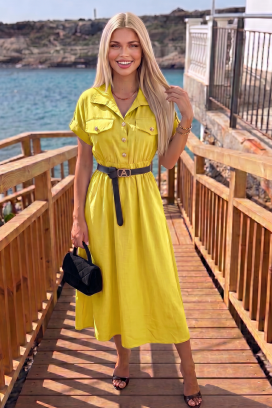 лятна миди рокля тип сафари с копчета и колан SAFARINA YELLOW