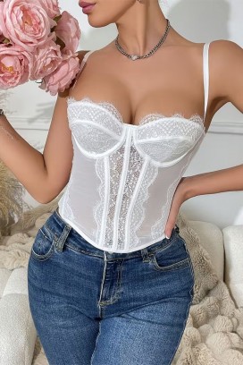 дамски корсетен топ с фина дантела и тънки презрамки KROELIA WHITE