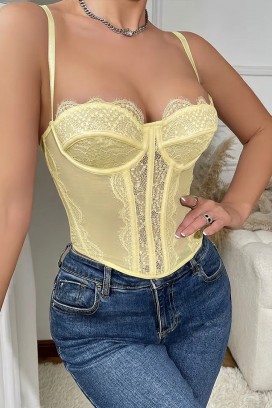 дамски корсетен топ с фина дантела и тънки презрамки KROELIA YELLOW