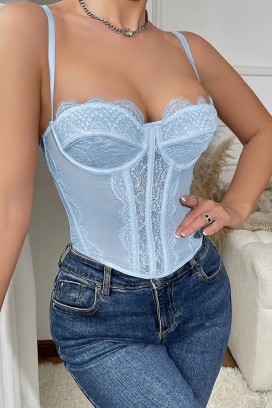 дамски корсетен топ с фина дантела и тънки презрамки KROELIA BLUE