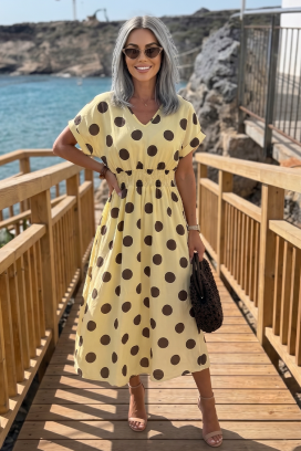 стилна рокля на едри точки с подчертана талия ESMERIZA YELLOW