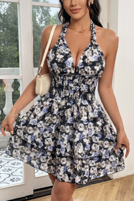 флорална къса рокля с ефирни волани FLOVENA BLUE