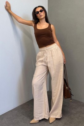 ефирен широк дамски панталон с ластична талия LARENTIA BEIGE
