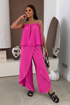 ефирен дамски комплект топ и широк панталон с прехвърляне MALENTA FUCHSIA
