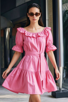 романтична къса рокля с волани и колан AMARISIA PINK