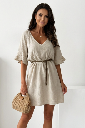 ефирна памучна къса рокля с колан AMELINTA BEIGE
