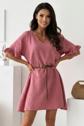 ефирна памучна къса рокля с колан AMELINTA PINK